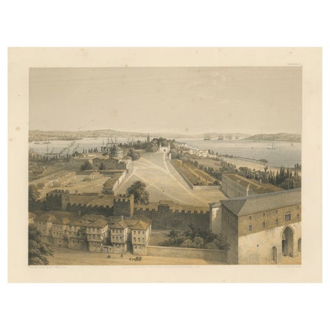 Rare 1852 Tinted Lithograph of Topkapi Palace Courtyard and Bosphorus, Istanbul